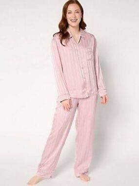 NWOT Anne Klein Satin Rose Shadow Stripe Pajama Set Top Sz M & Pants Sz Large